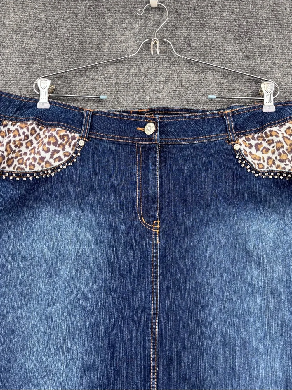 Whisker Washed Western Boho Indie Denim Midi Skirt Women’s 18 Leopard Accent